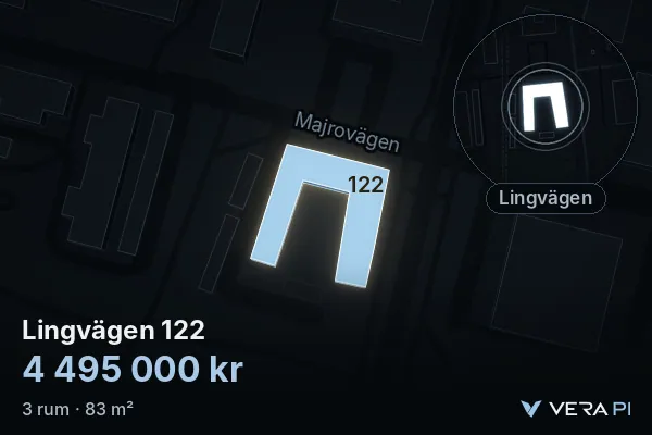 VERA PI's image of Lingvägen 122: the building in 3D, lit in blue, and the map around it