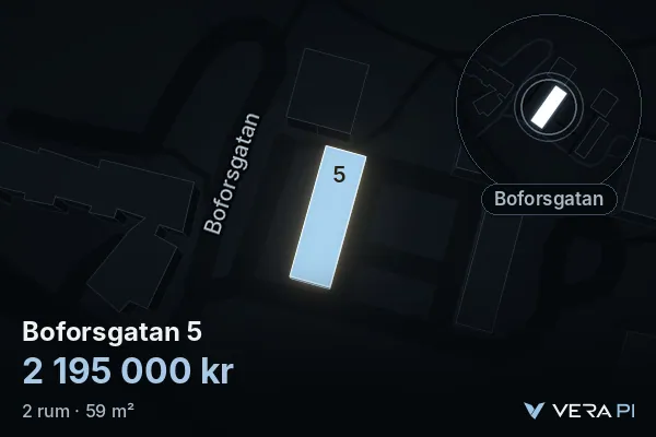 VERA PI's image of Boforsgatan 5: the building in 3D, lit in blue, and the map around it