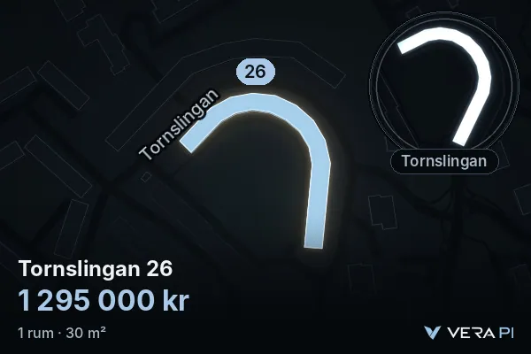 VERA PI:s bild av Tornslingan 26: huset i 3D, upplyst i blått, och kartan runt omkring