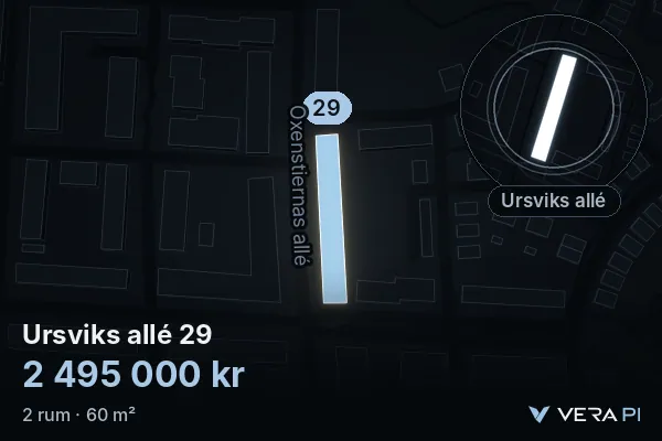 VERA PI:s bild av Ursviks allé 29: huset i 3D, upplyst i blått, och kartan runt omkring