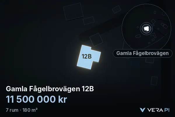 VERA PI's image of Gamla Fågelbrovägen 12B: the building in 3D, lit in blue, and the map around it