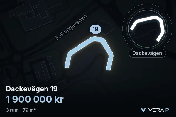 VERA PI's image of Dackevägen 19: the building in 3D, lit in blue, and the map around it