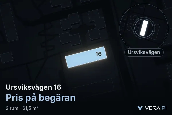 VERA PI:s bild av Ursviksvägen 16: huset i 3D, upplyst i blått, och kartan runt omkring