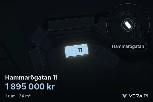 VERA PI:s bild av Hammarögatan 11: huset i 3D, upplyst i blått, och kartan runt omkring