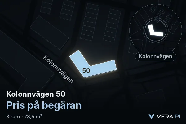VERA PI:s bild av Kolonnvägen 50: huset i 3D, upplyst i blått, och kartan runt omkring