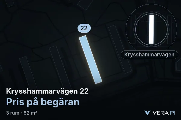 VERA PI:s bild av Krysshammarvägen 22: huset i 3D, upplyst i blått, och kartan runt omkring