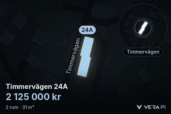 VERA PI:s bild av Timmervägen 24A: huset i 3D, upplyst i blått, och kartan runt omkring