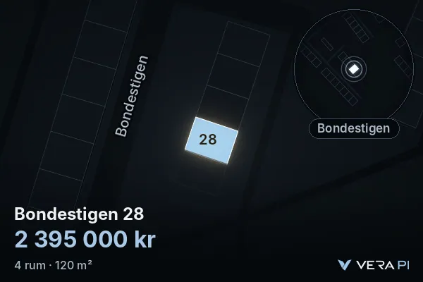 VERA PI's image of Bondestigen 28: the building in 3D, lit in blue, and the map around it
