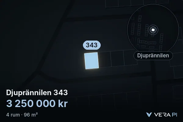 VERA PI:s bild av Djuprännilen 343: huset i 3D, upplyst i blått, och kartan runt omkring