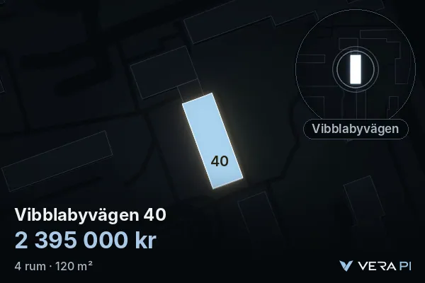 VERA PI's image of Vibblabyvägen 40: the building in 3D, lit in blue, and the map around it