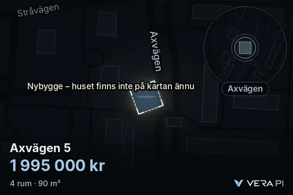 VERA PI's image of Axvägen 5: the building in 3D, lit in blue, and the map around it