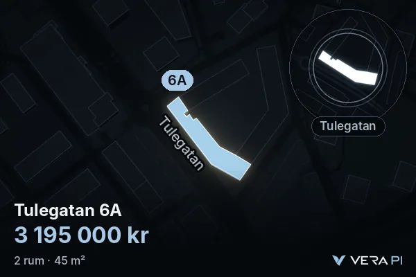 VERA PI:s bild av Tulegatan 6A: huset i 3D, upplyst i blått, och kartan runt omkring
