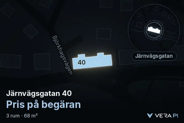 VERA PI:s bild av Järnvägsgatan 40: huset i 3D, upplyst i blått, och kartan runt omkring