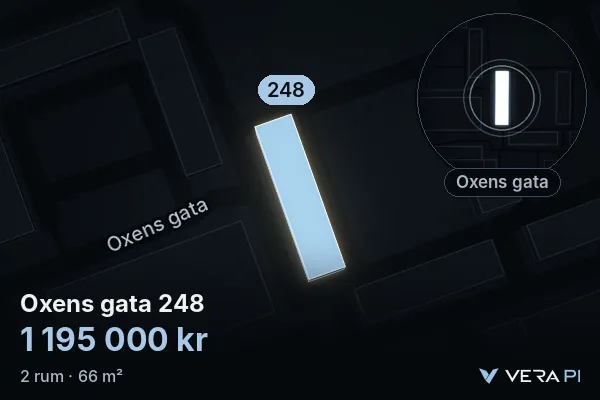 VERA PI:s bild av Oxens gata 248: huset i 3D, upplyst i blått, och kartan runt omkring