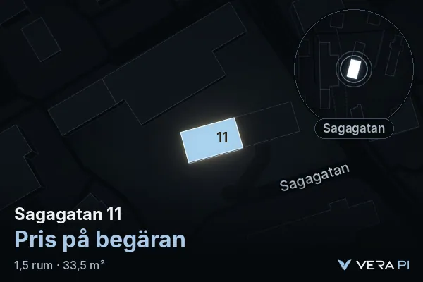 VERA PI's image of Sagagatan 11: the building in 3D, lit in blue, and the map around it