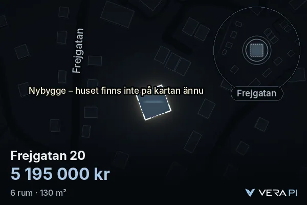 VERA PI:s bild av Frejgatan 20: huset i 3D, upplyst i blått, och kartan runt omkring