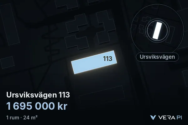 VERA PI:s bild av Ursviksvägen 113: huset i 3D, upplyst i blått, och kartan runt omkring
