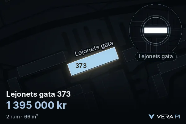 VERA PI:s bild av Lejonets gata 373: huset i 3D, upplyst i blått, och kartan runt omkring