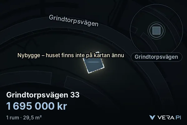 VERA PI:s bild av Grindtorpsvägen 33: huset i 3D, upplyst i blått, och kartan runt omkring