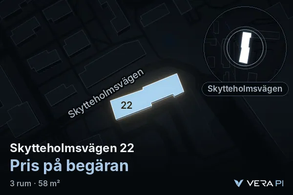 VERA PI:s bild av Skytteholmsvägen 22: huset i 3D, upplyst i blått, och kartan runt omkring