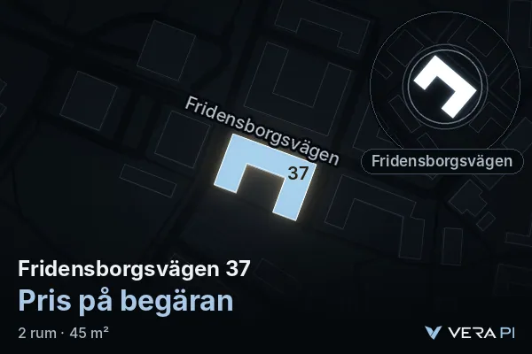 VERA PI's image of Fridensborgsvägen 37: the building in 3D, lit in blue, and the map around it
