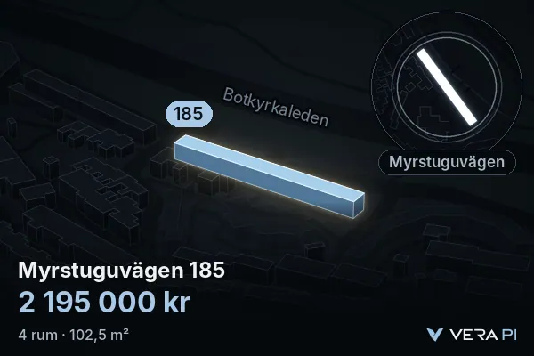 VERA PI's image of Myrstuguvägen 185: the building in 3D, lit in blue, and the map around it
