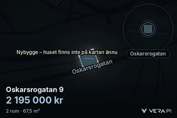 VERA PI:s bild av Oskarsrogatan 9: huset i 3D, upplyst i blått, och kartan runt omkring