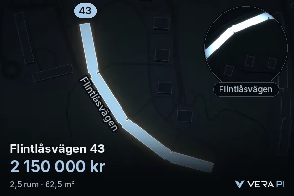 VERA PI's image of Flintlåsvägen 43: the building in 3D, lit in blue, and the map around it