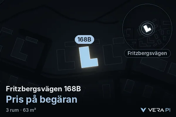 VERA PI:s bild av Fritzbergsvägen 168B: huset i 3D, upplyst i blått, och kartan runt omkring