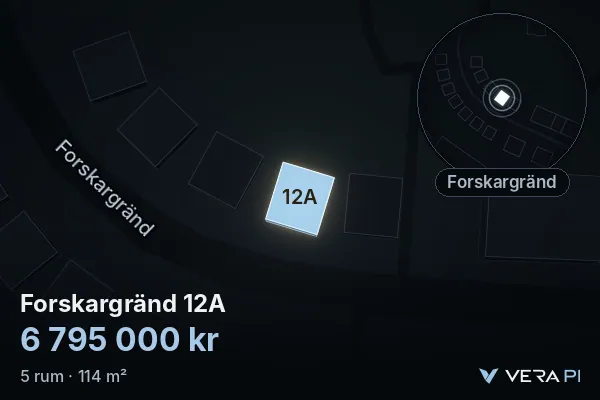 VERA PI:s bild av Forskargränd 12A: huset i 3D, upplyst i blått, och kartan runt omkring