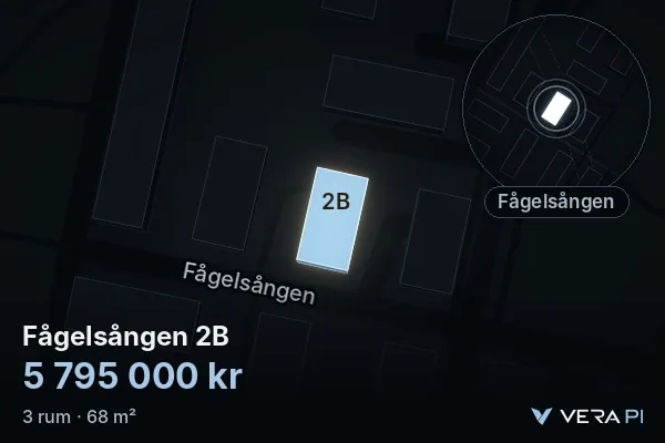 VERA PI:s bild av Fågelsången 2B: huset i 3D, upplyst i blått, och kartan runt omkring