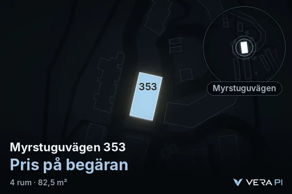 VERA PI:s bild av Myrstuguvägen 353: huset i 3D, upplyst i blått, och kartan runt omkring