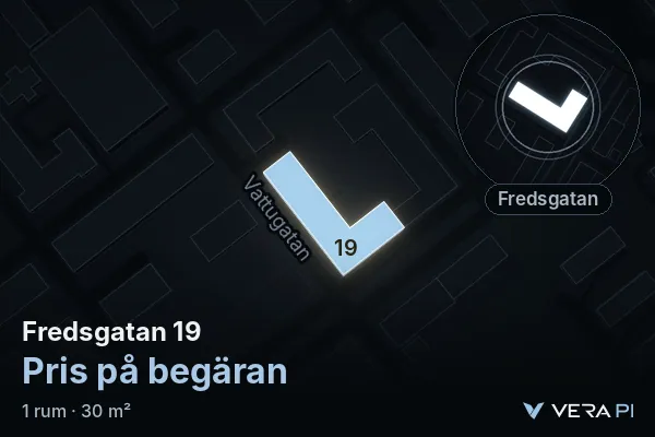 VERA PI:s bild av Fredsgatan 19: huset i 3D, upplyst i blått, och kartan runt omkring