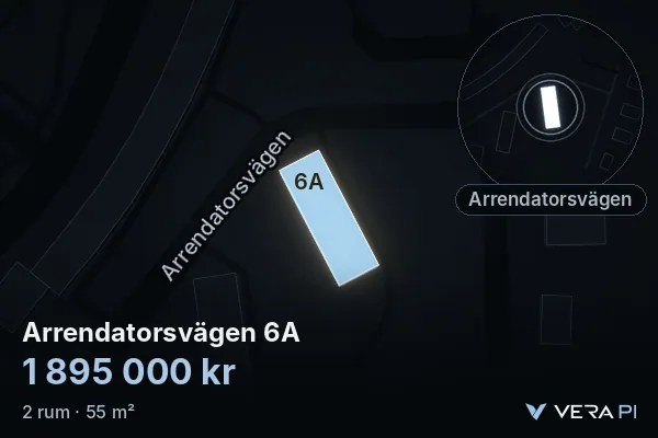 VERA PI:s bild av Arrendatorsvägen 6A: huset i 3D, upplyst i blått, och kartan runt omkring