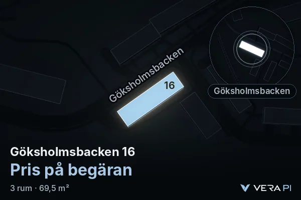 VERA PI's image of Göksholmsbacken 16: the building in 3D, lit in blue, and the map around it