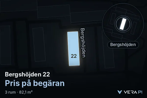 VERA PI:s bild av Bergshöjden 22: huset i 3D, upplyst i blått, och kartan runt omkring