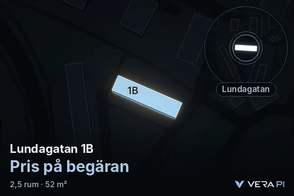 VERA PI:s bild av Lundagatan 1B: huset i 3D, upplyst i blått, och kartan runt omkring