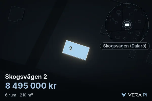 VERA PI:s bild av Skogsvägen 2: huset i 3D, upplyst i blått, och kartan runt omkring