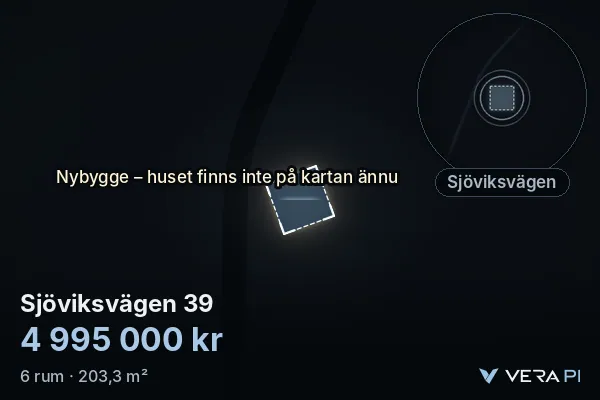 VERA PI:s bild av Sjöviksvägen 39: huset i 3D, upplyst i blått, och kartan runt omkring