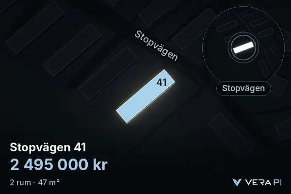 VERA PI:s bild av Stopvägen 41: huset i 3D, upplyst i blått, och kartan runt omkring