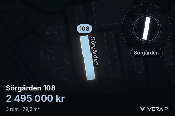 VERA PI:s bild av Sörgården 108: huset i 3D, upplyst i blått, och kartan runt omkring