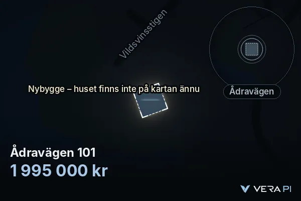 VERA PI's image of Ådravägen 101: the building in 3D, lit in blue, and the map around it