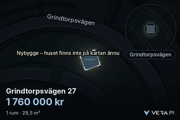 VERA PI:s bild av Grindtorpsvägen 27: huset i 3D, upplyst i blått, och kartan runt omkring
