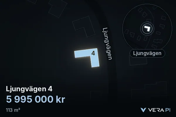 VERA PI:s bild av Ljungvägen 4: huset i 3D, upplyst i blått, och kartan runt omkring
