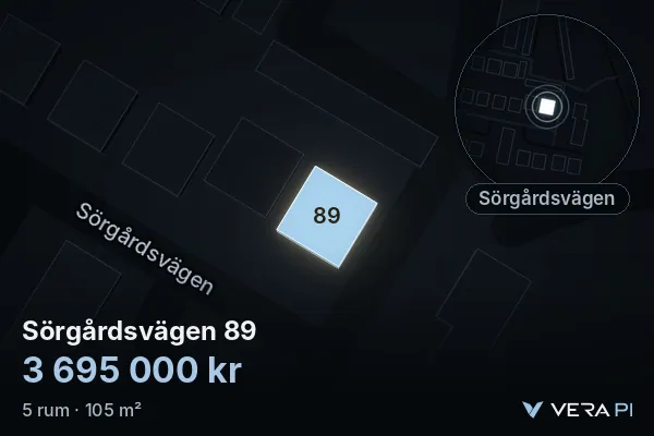 VERA PI's image of Sörgårdsvägen 89: the building in 3D, lit in blue, and the map around it
