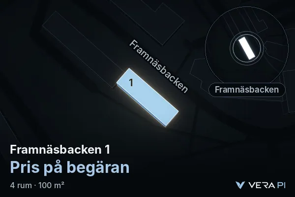 VERA PI:s bild av Framnäsbacken 1: huset i 3D, upplyst i blått, och kartan runt omkring