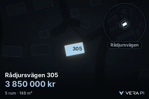 VERA PI's image of Rådjursvägen 305: the building in 3D, lit in blue, and the map around it