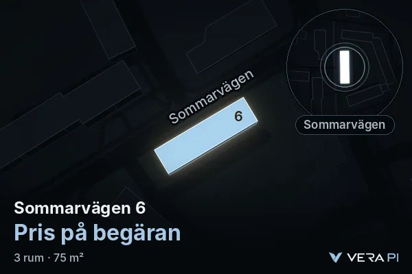 VERA PI's image of Sommarvägen 6: the building in 3D, lit in blue, and the map around it