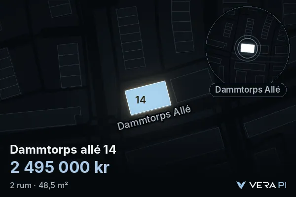 VERA PI's image of Dammtorps allé 14: the building in 3D, lit in blue, and the map around it