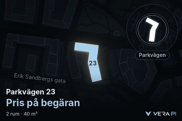 VERA PI:s bild av Parkvägen 23: huset i 3D, upplyst i blått, och kartan runt omkring